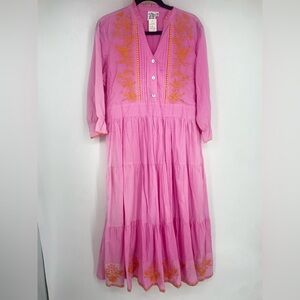 NEW parsley & Sage Medium Cotton Embroidered Tiered Floral Dress Pink Orange